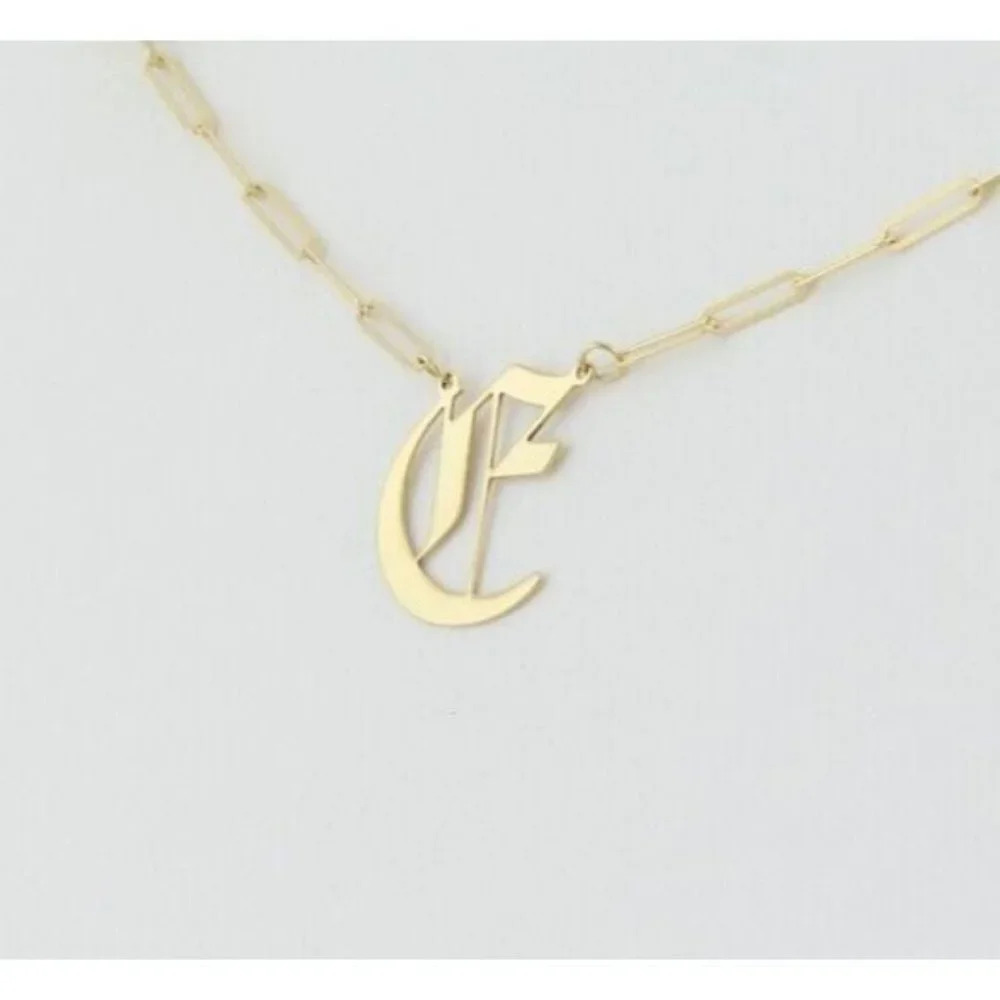 14k Yellow Gold Letter E Gothic Cursive E Necklace 18" Chain